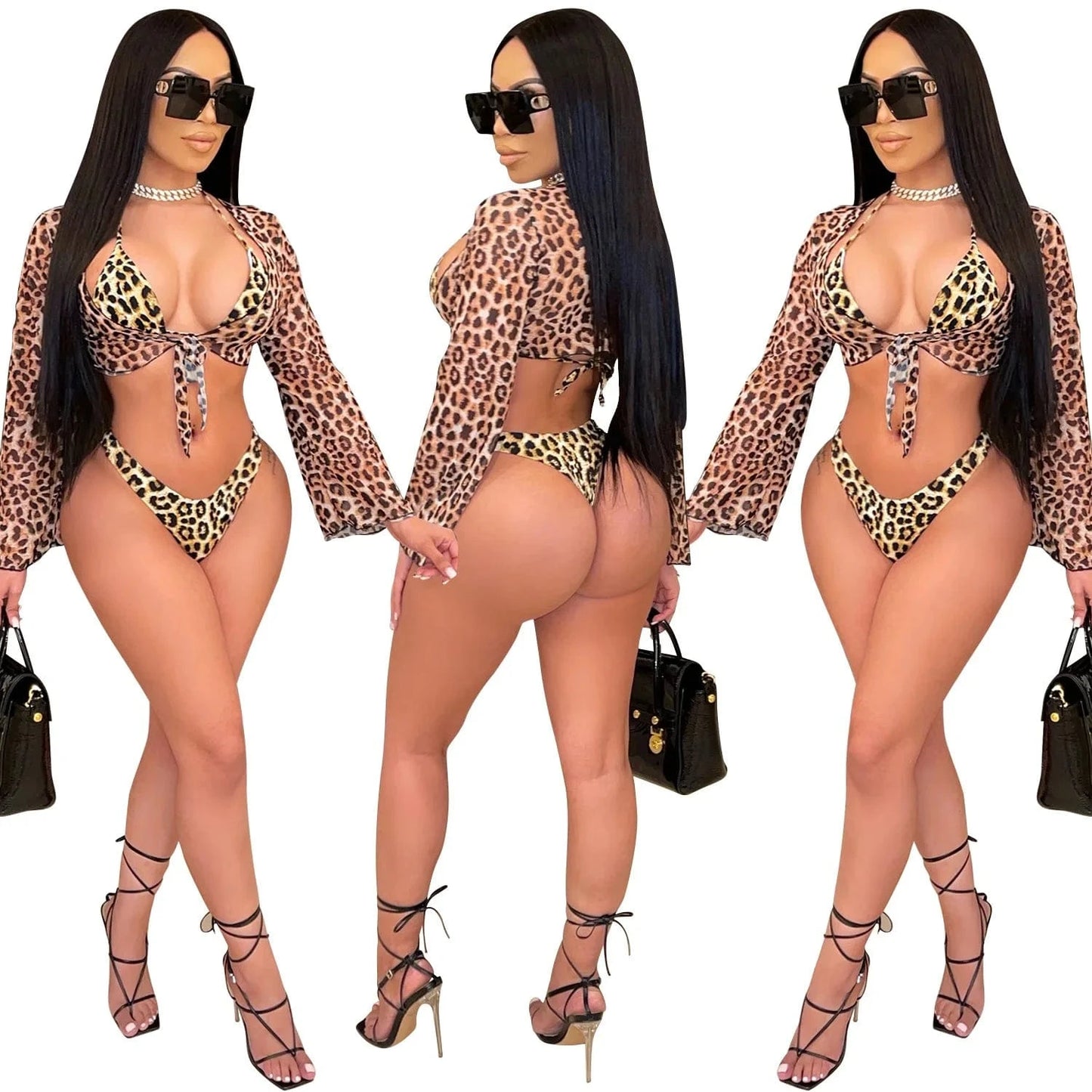 M / cheeth Hot Girl 3 Piece Triangle Bikinis Sets Sexy Leopard Women Bathing Suits Swimsuit Ladies Cover Up Beachwear Three Piece Outfit