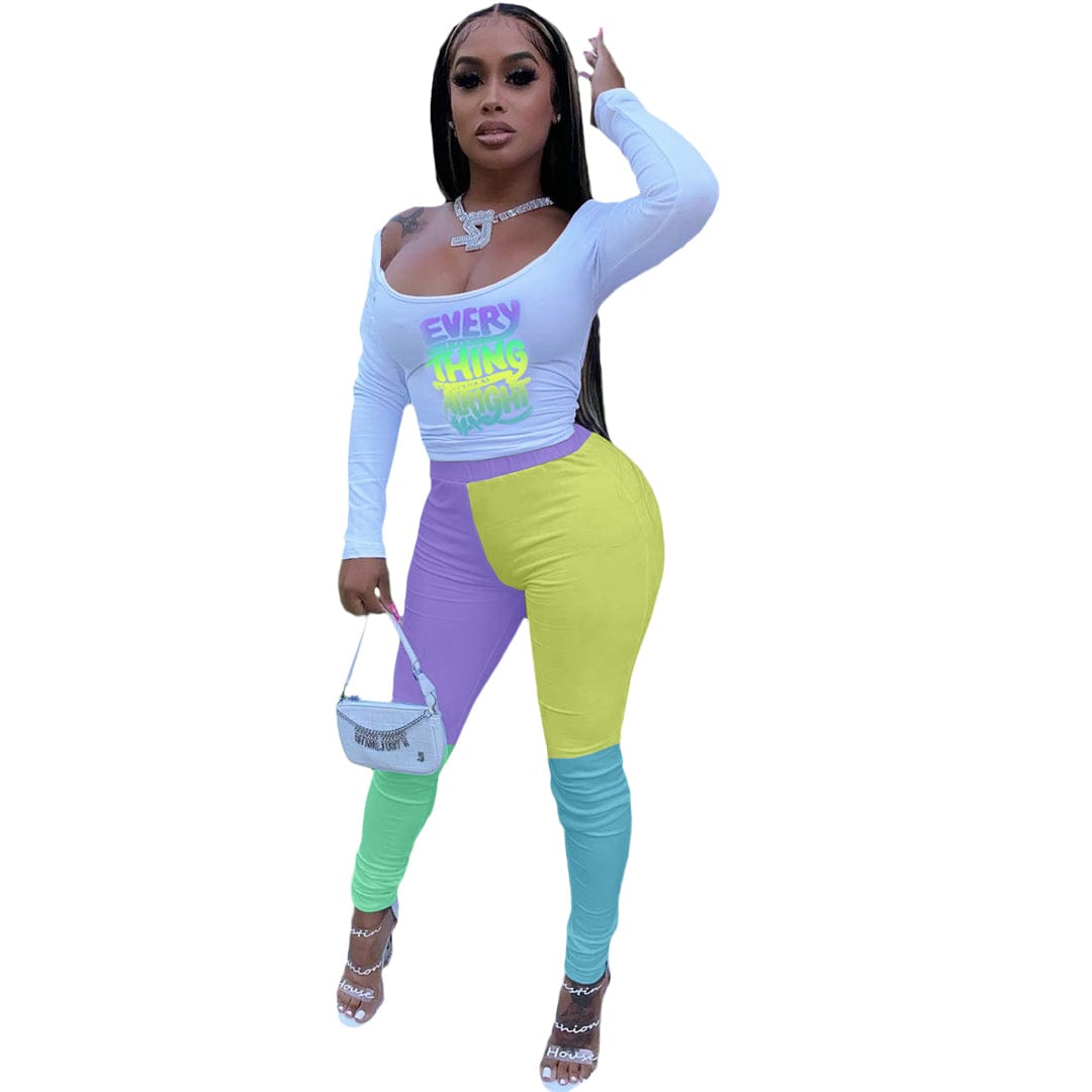 M / Color1 Fashion Blouse And Tight Pants, Two-piece Dress Set Of Positioning Printing Letters And Contrast Color two piece pants set for