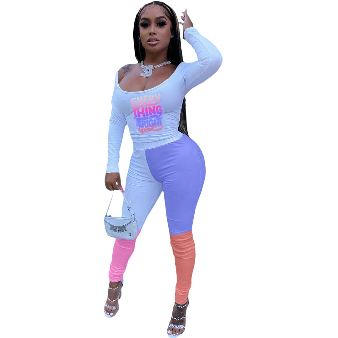 M / Color2 Fashion Blouse And Tight Pants, Two-piece Dress Set Of Positioning Printing Letters And Contrast Color two piece pants set for