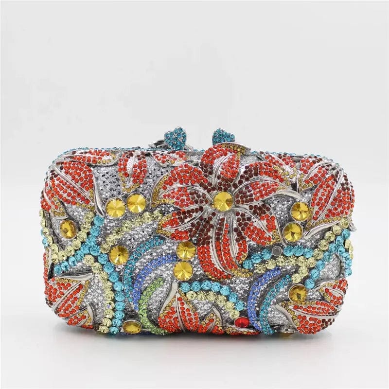 M / Colorful 2 Flower Luxury Evening Bling Purses Handbag Floral Crystal Clutch Purse Rhinestone Handmade Ladies Diamond Bag