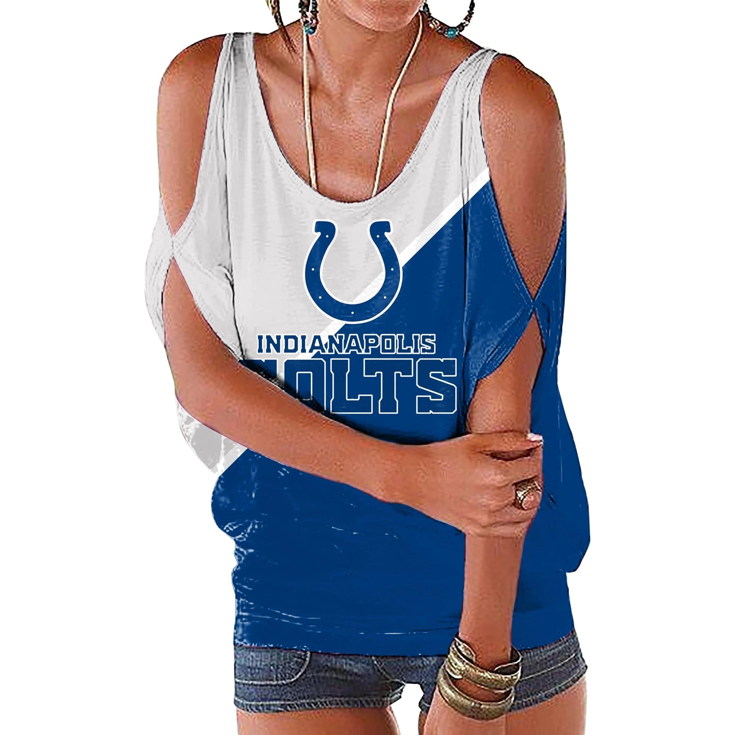 M / colts custom nfl polyester t shirt girl o neck short sleeve plain shirts ladies off shoulder plus size women's blouses & shirts