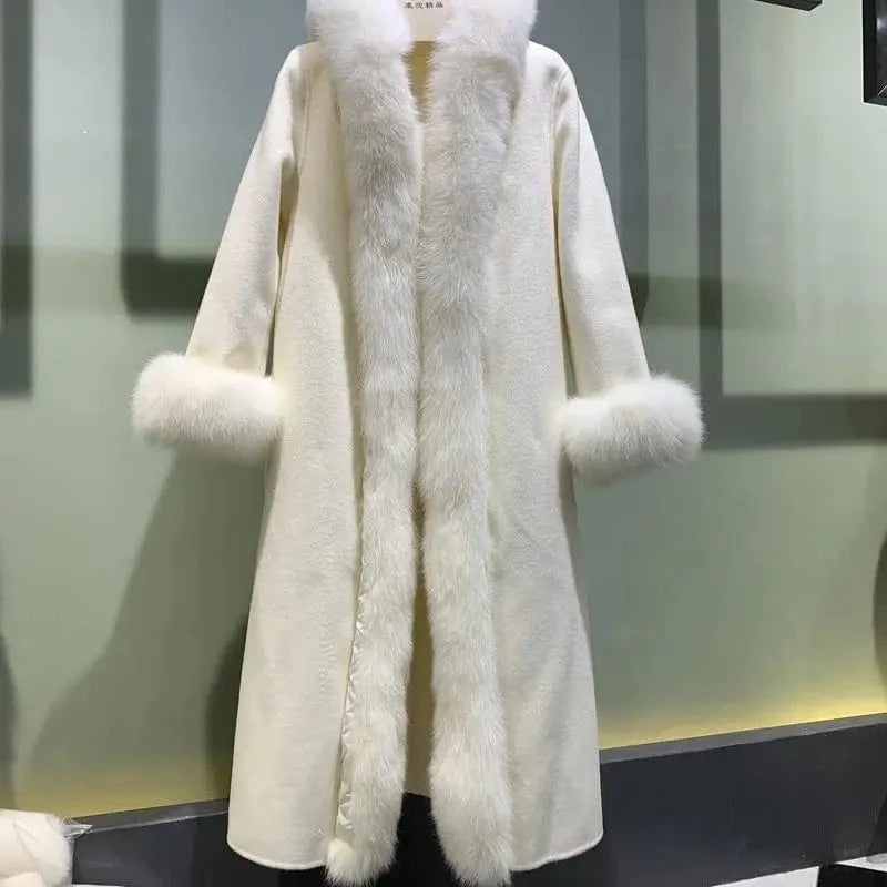 M / Cream Handmade Belted Cashmere Coat Windproof Long Wool Trench Coat Women With Fox Fur Trim