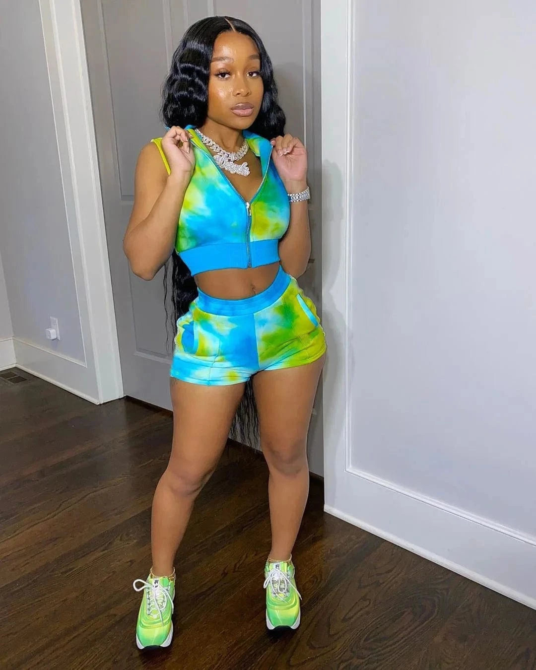 M / Cyan Hot Selling Sexy 2 Piece Set Women Clothing Tie-dyed Outfits Zipper Two Piece Short Pants for Ladies