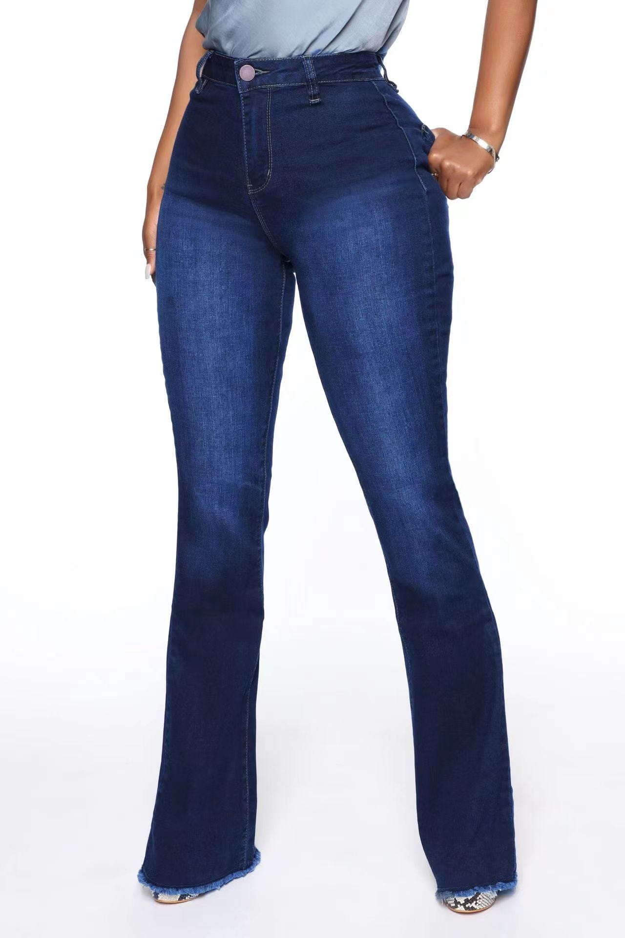 M / Dark blue J&H 2023 fall fashion stretchy bell bottom jeans ladies slim fit casual denim pants plus size trousers basic wear