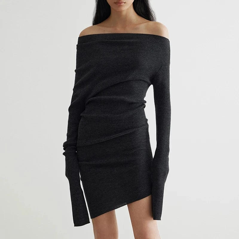 M / darkgray CHICEVER Casual Diagonal Collar Long Sleeve Solid Color Women Clothing Dresses 2023