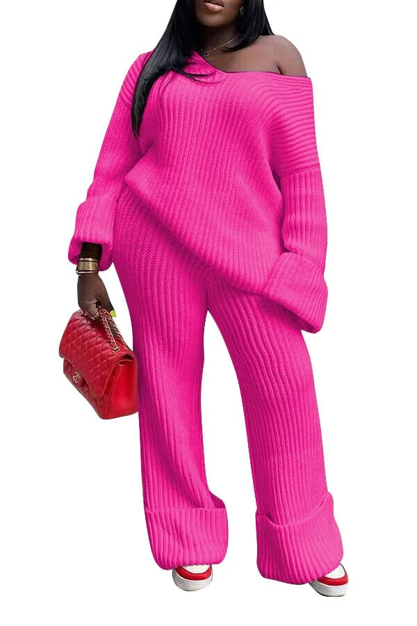 M / Fuchsia Fall Winter Female Two 2 Pieces Clothing Sets Casual V Neck Loose Knit Pullover Sweater Pant Sets For Women