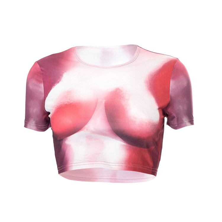 M / Fuchsia Fashion Women Tie Dye Print O Neck Short Sleeves Crop Top T Shirt Sexy Slim Cyber Casual Club Tee Shirts