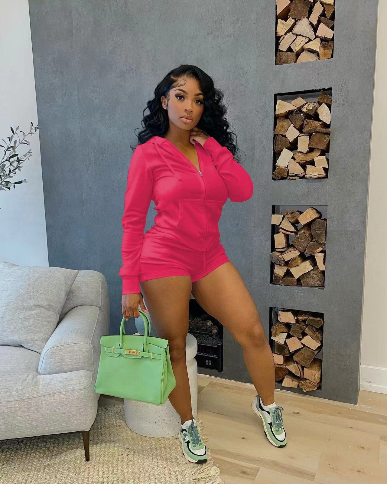 M / Fuchsia J&H 2023 new arrivals zip up hoodie top and biker shorts women two piece set slim fit activewear