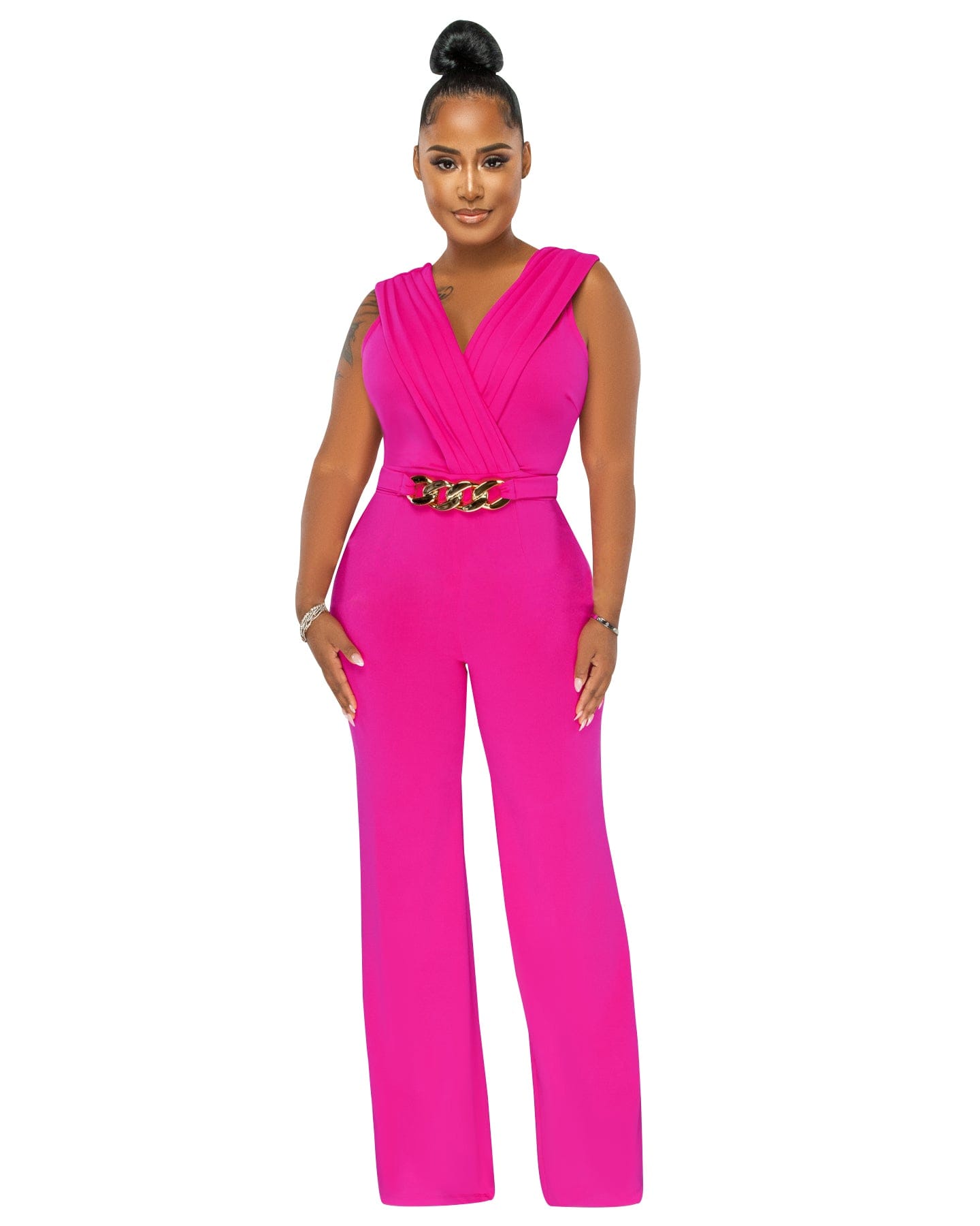 M / Fuchsia Trendy Women Clothes Womens Jumpsuit Elegant Sleeveless V Neck Pleated Bust Gold Link Jumpsuit Be Your Own Kind Of Beautiful