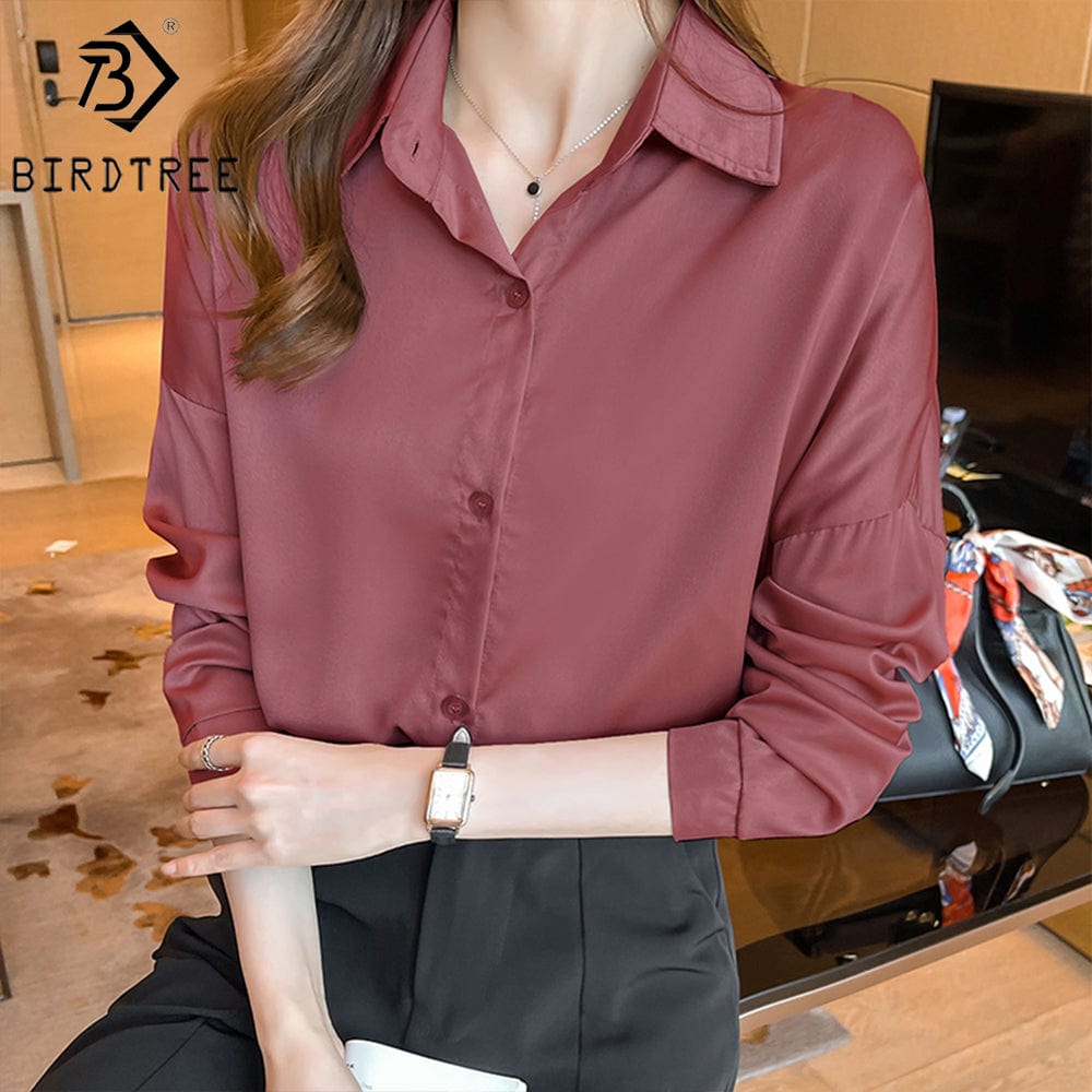 M / Fuchsia Women Satin Shirt New Arrival Spring Autumn Korean Style Long Sleeves Female Blouses Tops Dropshipping Support T27609X