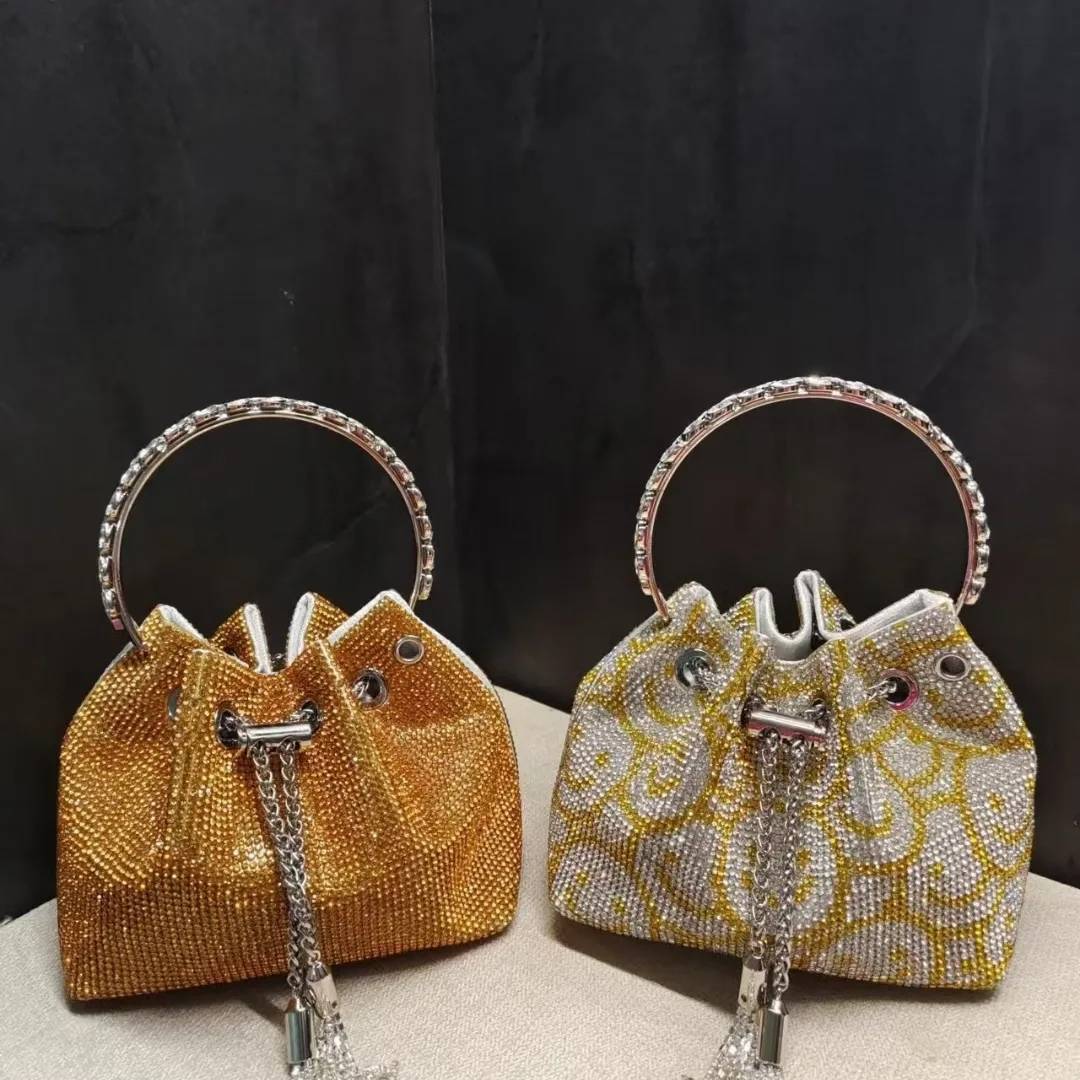 M / gold 2022 Shenglu Guangzhou Metal Handle Rhinestone Bucket Evening Bags Purse Handbag Luxury Wedding Evening Bags