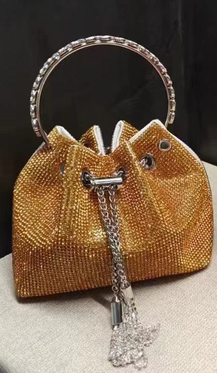 M / gold 2022 Shenglu Hot Latest Designer Lady Rhinestone Bucket Tassel Handbag Purse Tote Blue Diamond Evening Shoulder Crossbody Bags