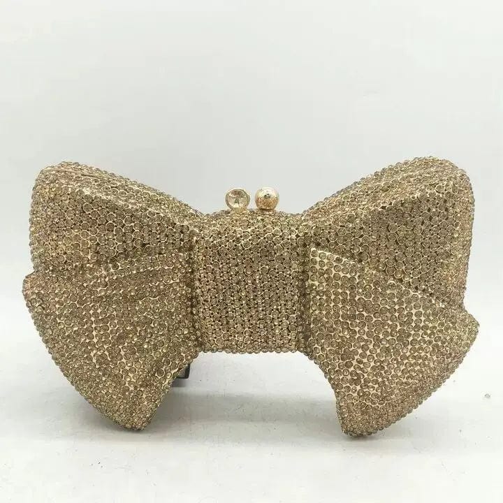M / Gold Luxury Women Bow Clutch Crystal Evening Bags Hard Case Metal Minaudiere Rhinestone Handbags Wedding Party Purse
