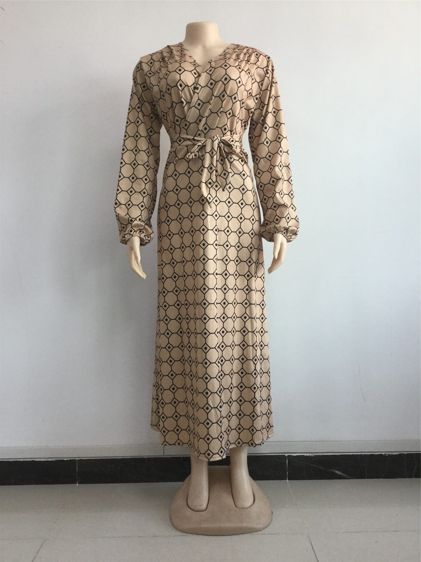 M / Gold Summer Elegant V Neck Printed Geometric Waist Belt Casual Dress Women