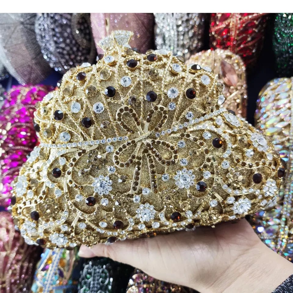 M / Gold with Black China Factory Wholesales Women Evening Party Hollow Out Diamonds Crystal Evening Clutches Rhinestone Wedding Handbags