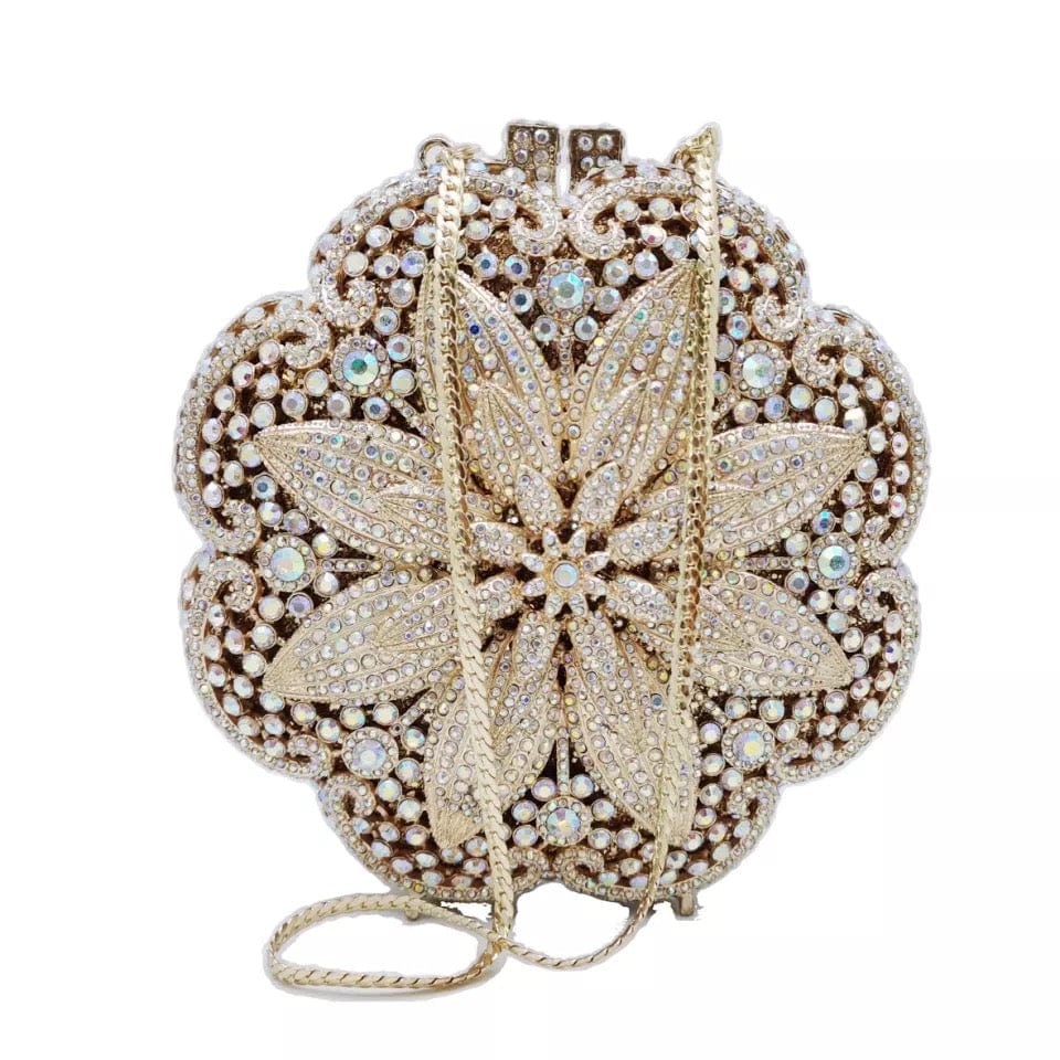 M / Gold Women Evening Bag Diamond Crystal Cute Clutch Bag Bride Wedding Party Flower Rhinestone Purse Clutch