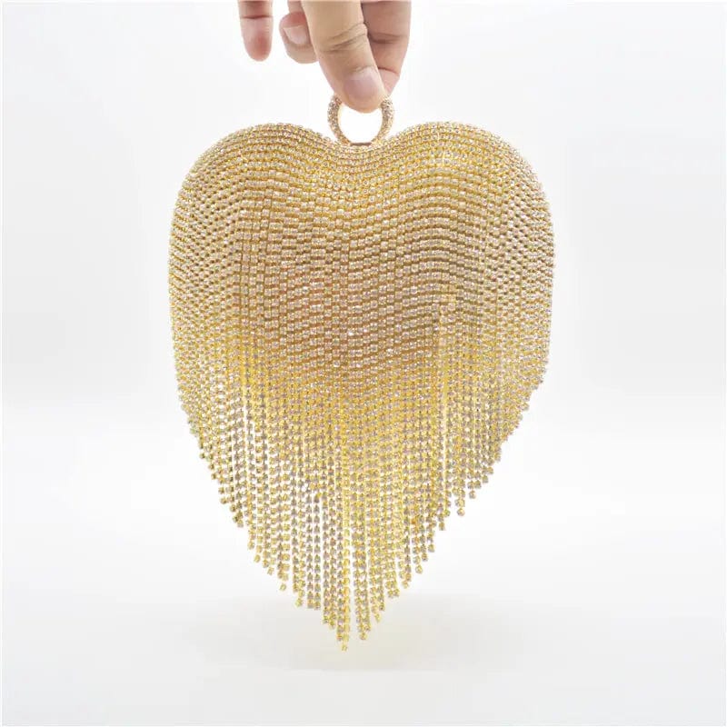M / Gold Women Rhinestones Purse Wedding Party Bling Purse Ladies Luxury Heart Shape Diamond Tassel Evening Clutch Fashion Bag
