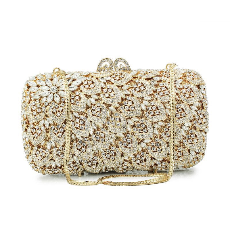 M / Golden Luxury Elegant Women Crystal Flower Evening Clutch Bags Party Rhinestone Handbags Bridal Wedding Purses