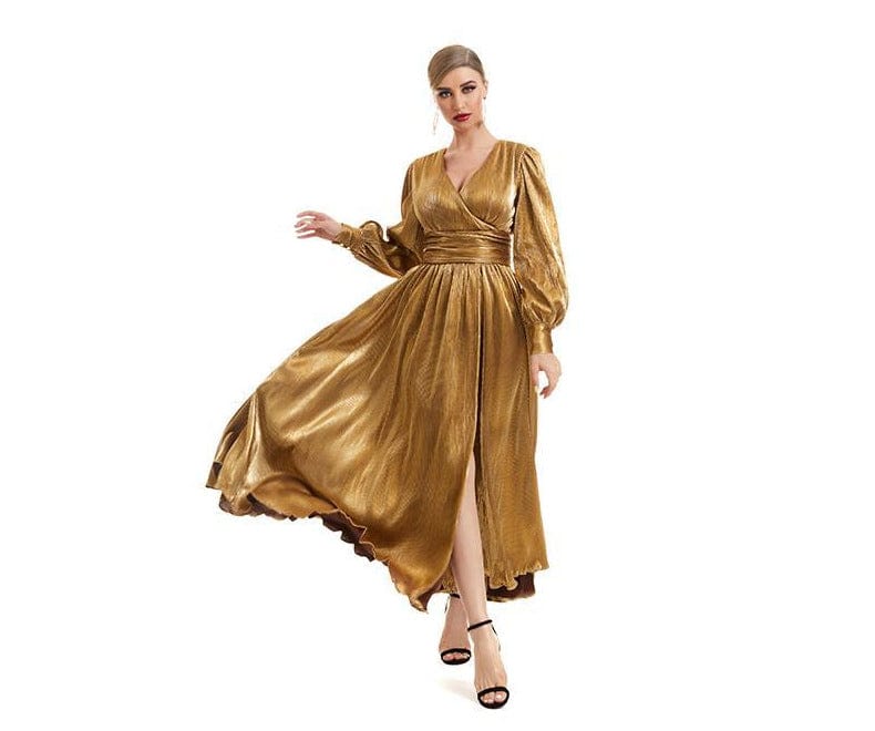 M / Golden OUDINA Brand Fashionable Vintage Bronzing Long Sleeve V-neck Large Swing Gown Dresses Elegant Women Evening Dress