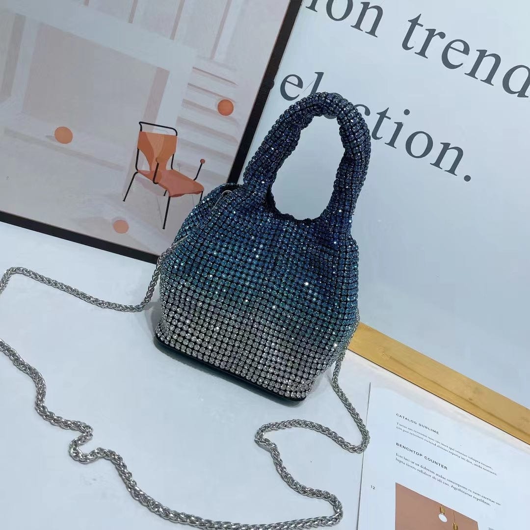 M / Gradient Blue Silver 2022 Shenglu New Fashion Lady Women Rhinestone Vest Basket Handbag Purse Tote Bling Diamond Party Evening Shoulder Crossbody Bag
