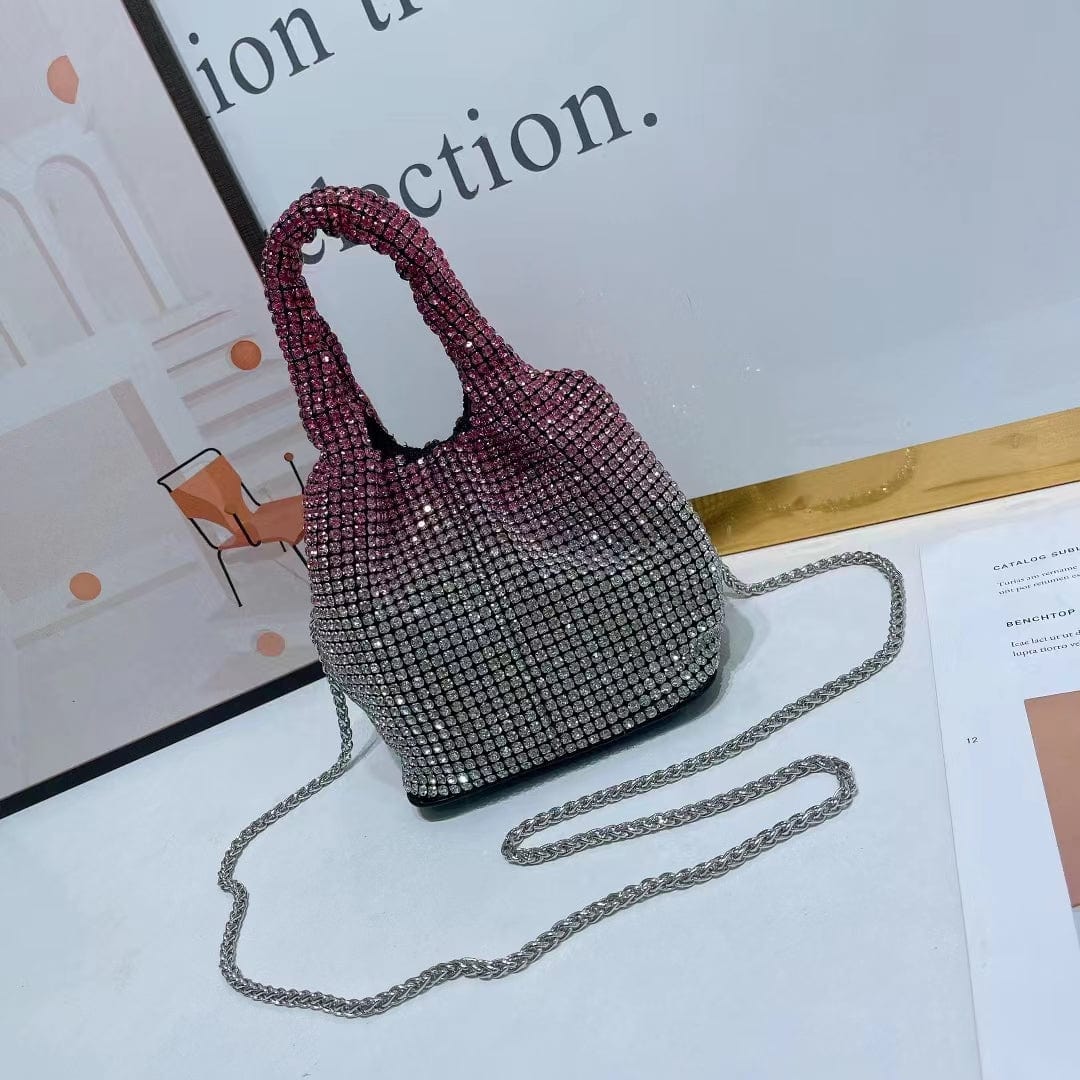M / Gradient Pink Silver 2022 Shenglu New Fashion Lady Women Rhinestone Vest Basket Handbag Purse Tote Bling Diamond Party Evening Shoulder Crossbody Bag