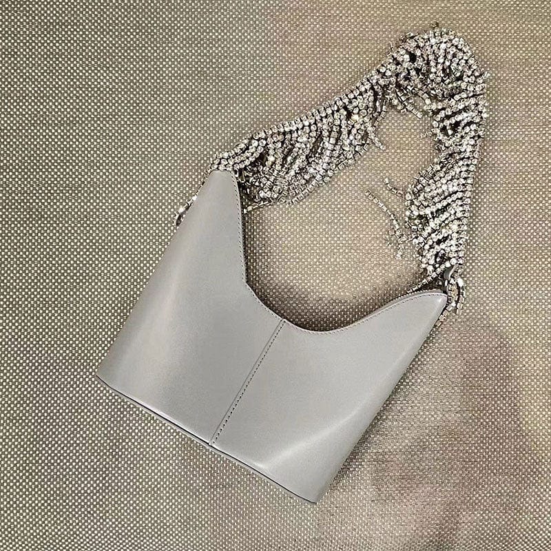 M / Gray Popular Ladies Party Evening Purse Female Leather Crossbody Diamond Tassel Underarm Bag Bucket Woman's Shoulder Handbag