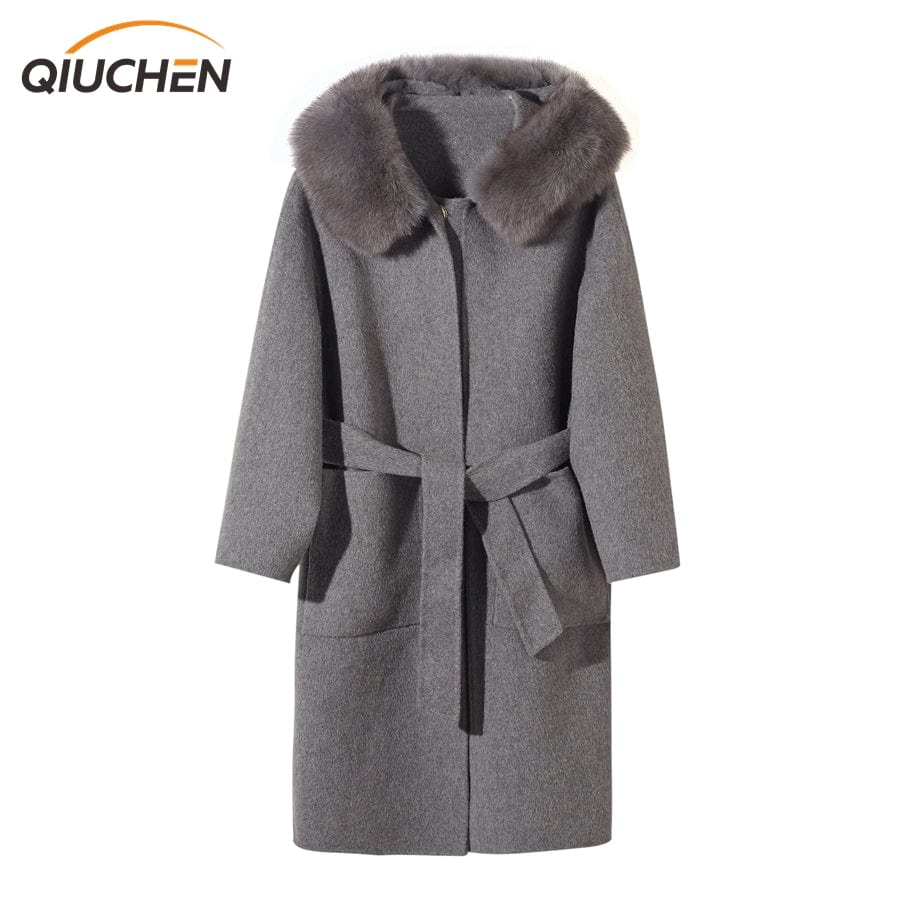 M / Gray QIUCHEN- QC19055 hot-selling women warm trench jacket cashmere belt long plus size fox fur collar wool coat