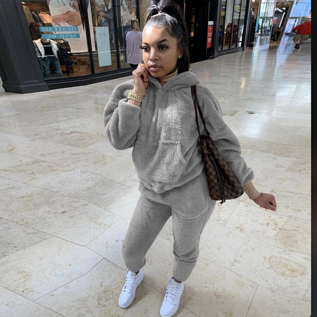 M / Gray Women 2pc Set Winter Two Piece Pants Set Solid Color Plush Lounge Wear Hoodie Two-Piece Trouser Suit Women Winter Set