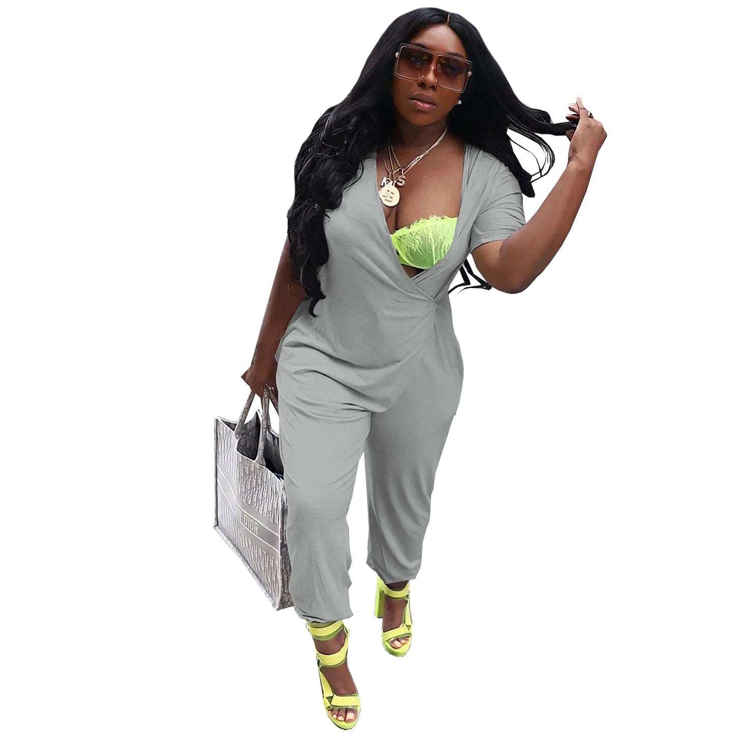 M / Gray Women Fall Fashion 2022 Solid Color Deep V Jumpsuit Office Irregular Women Rompers And Jumpsuit Rompers