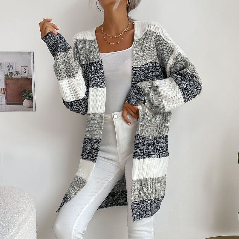 M / Gray Womens Color Block Sweater Coat Outwear Long Sleeve Open Front Loose Knitted Cardigan Sweaters