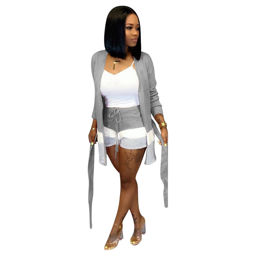 M / Gray Womens Sets Sweater Two Piece Short Pants Set Casual Three Tone Stripe Print Belted 2pc Outfits with Long Sleeve Cardigan