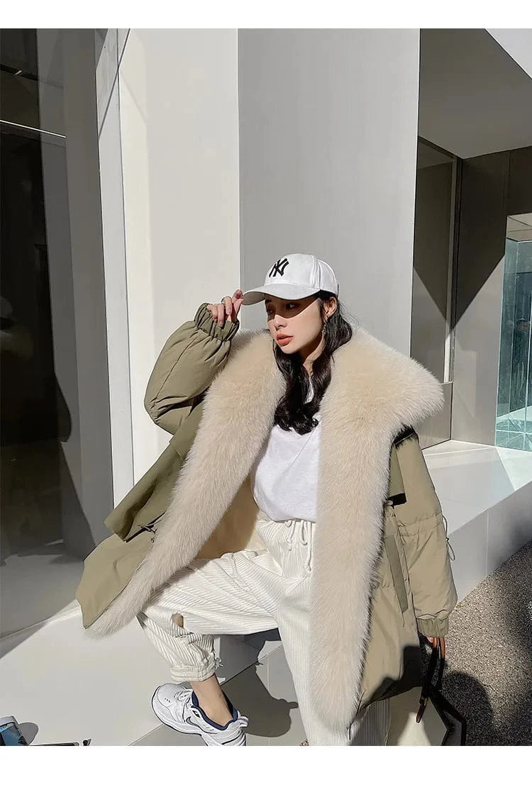 M / green 2022 Fashion Real Fur Parka Coat High Quality Real Fox Large Fur Parka Jacket Women