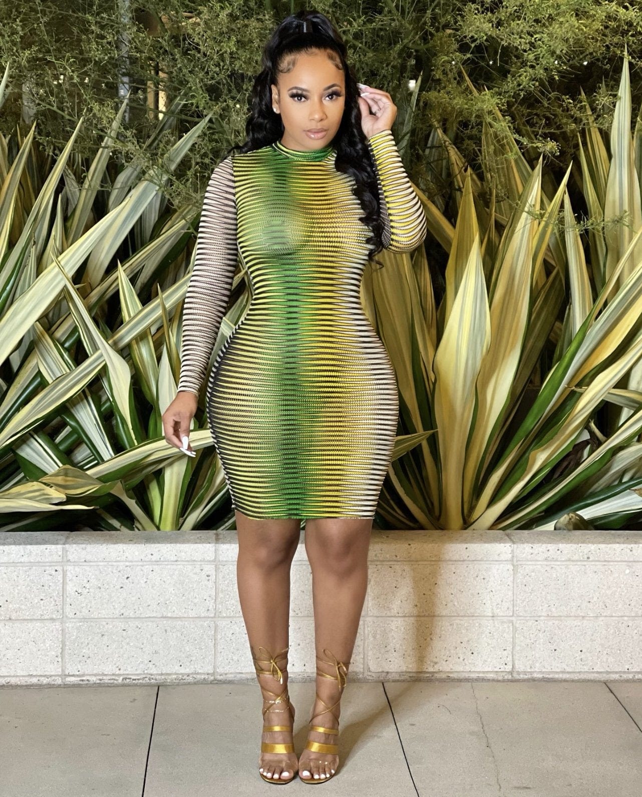 M / Green 2022 Newest Hot Sale Club Dresses Ladies Sexy Striped Long Sleeve Party Mini Tight Mesh Dress
