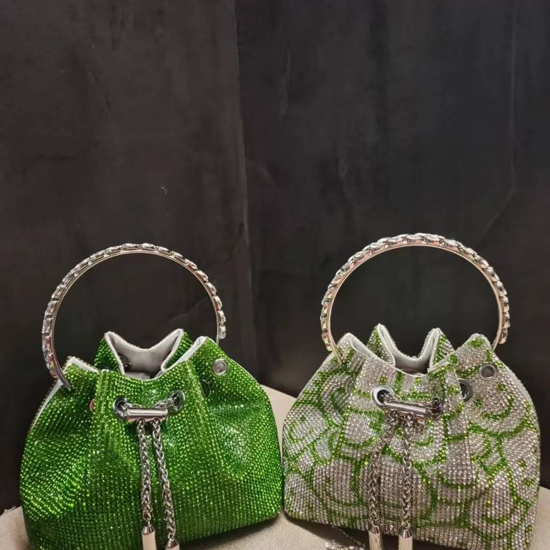 M / green 2022 Shenglu Guangzhou Metal Handle Rhinestone Bucket Evening Bags Purse Handbag Luxury Wedding Evening Bags