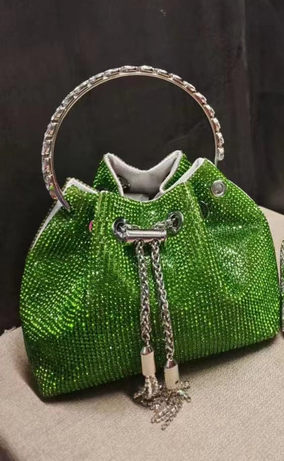 M / green 2022 Shenglu Hot Latest Designer Lady Rhinestone Bucket Tassel Handbag Purse Tote Blue Diamond Evening Shoulder Crossbody Bags