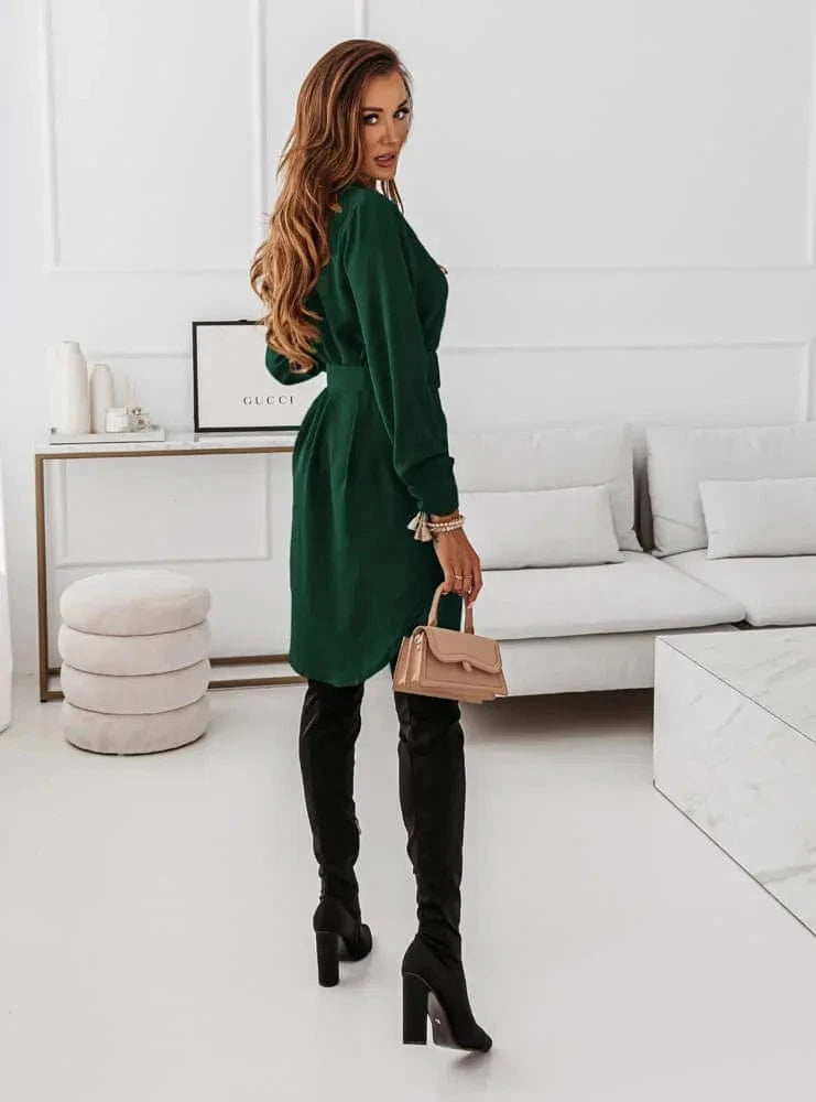 M / green Autumn Winter Fashion Slim Green Dress Woman Casual Turn-down Collar Single Breasted Belted Mini Dresses For Women vestidos