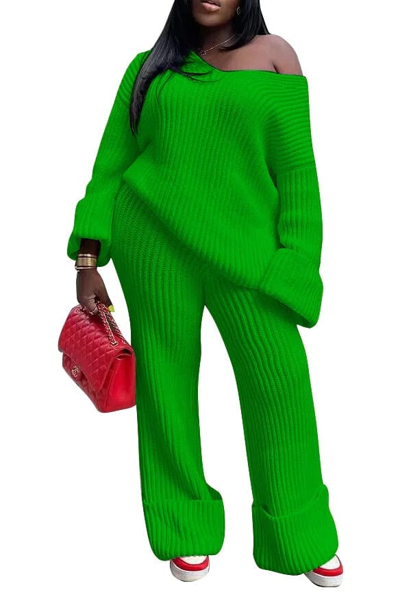 M / green Fall Winter Female Two 2 Pieces Clothing Sets Casual V Neck Loose Knit Pullover Sweater Pant Sets For Women