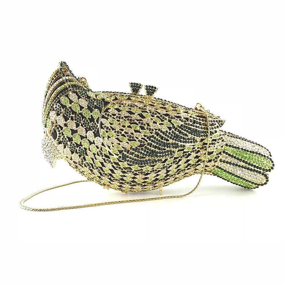 M / Green Handmade Elegant Animal Bird Shape Crystal Party Evening Clutch Bag Women Rhinestone Purse