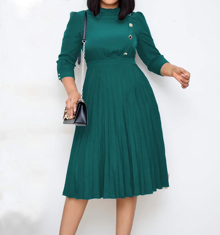 M / green High Waist Button Soild Elegant Pleated Women Office Career Dresses