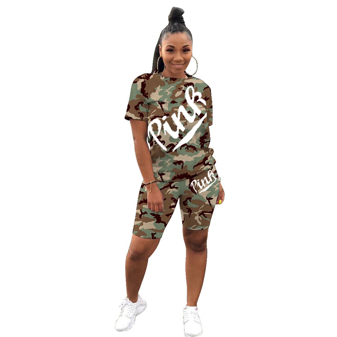 M / green MTY6515 2022 new arrival ladies pink short set casual camouflage pants sets printed outfit suit 2 piece set women clothing