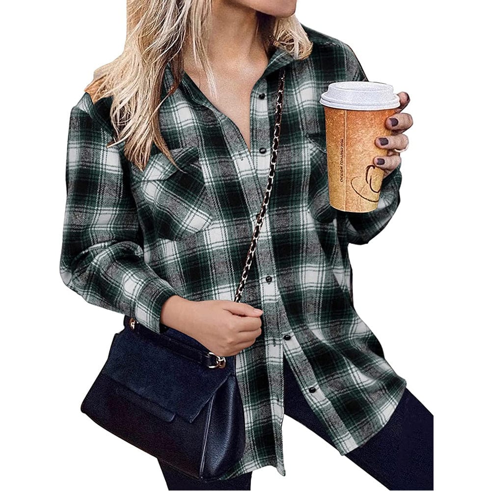 M / Green New Trend 2022 Yarn Dyed Plaid Loose Casual Jacket Patchwork Design Oversize Jacket Polyester Turn Down Collar Coat For Women