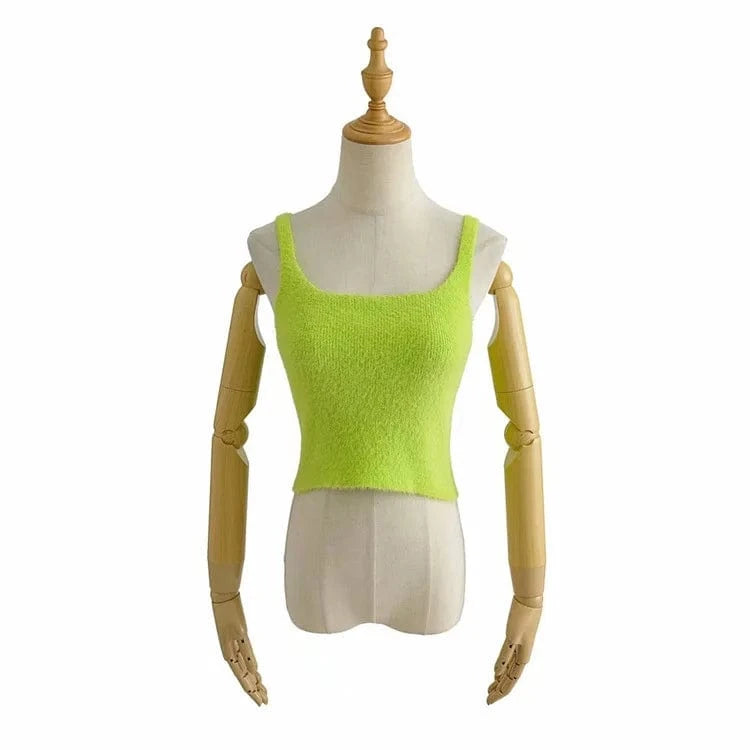 M / green Summer High Quality Crew Neck Pure Candy Color Y2K Plush Knitted Sleeveless Crop Women Tank Tops