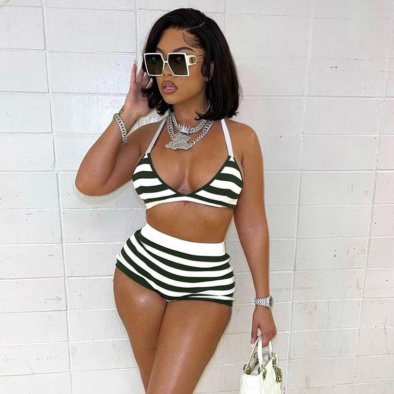 M / green YILIMI Sexy Bikini Two Piece Shorts Set Stripe Print Beachwear Women Casual Short Pants Two Piece Set Swimsuit