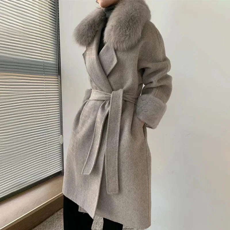 M / Grey Windproof Belted Cashmere Coat Real Mink Fur Cuffs Long Wool Coat Women With Fox Fur Collar