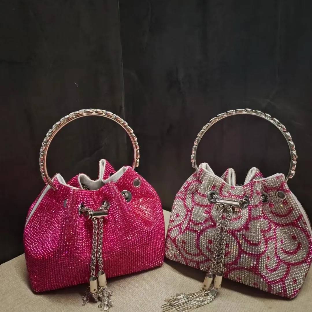 M / hotpink 2022 Shenglu Guangzhou Metal Handle Rhinestone Bucket Evening Bags Purse Handbag Luxury Wedding Evening Bags