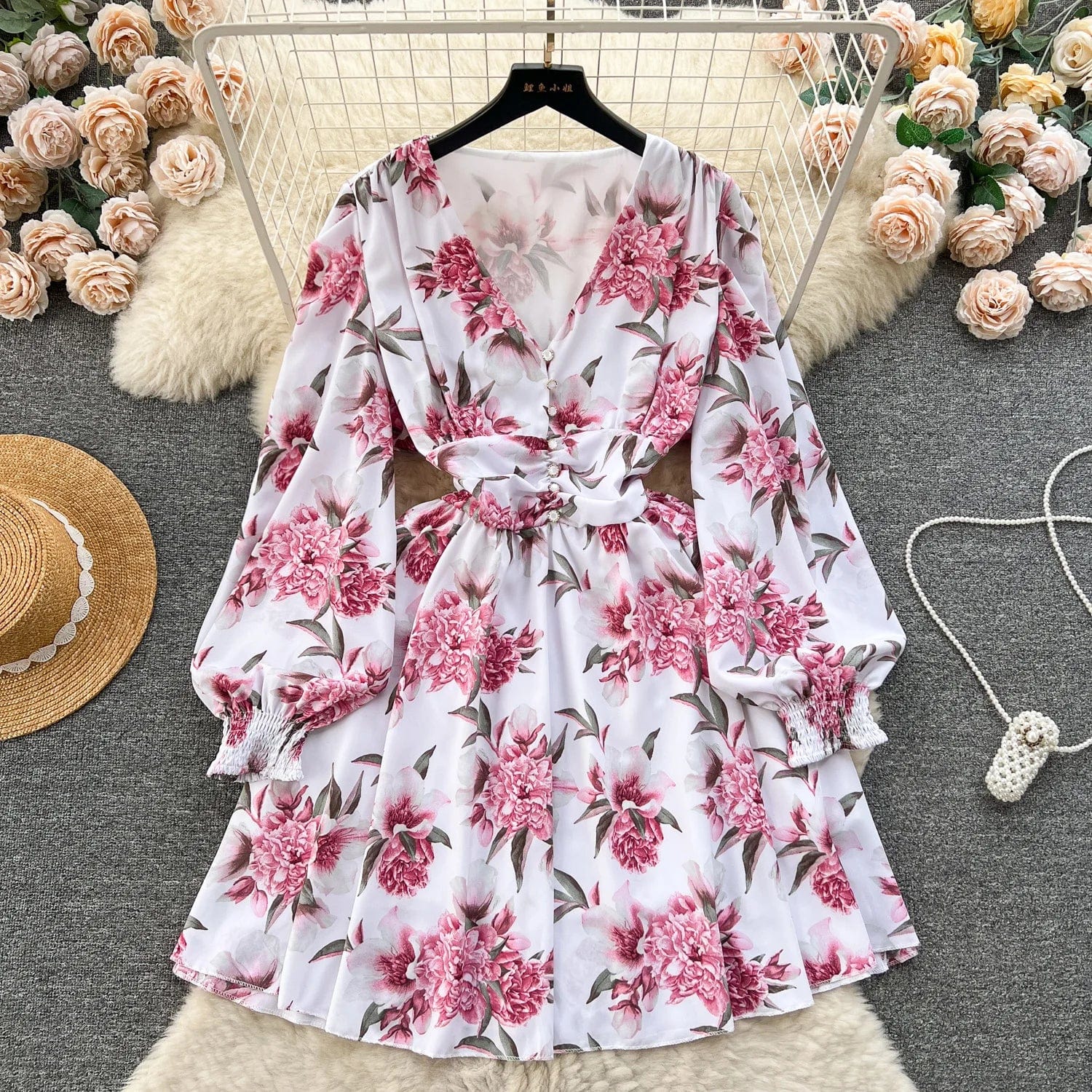 M / Image Color Oem Designer Custom Women's Clothing Ladies Elegant Long Sleeve Deep V Neck Dress Floral Print Chiffon Mini Dresses For Women -