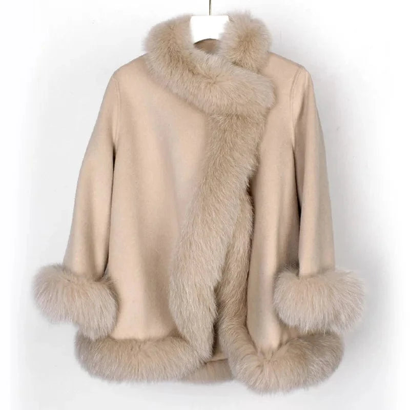 M / khaki 2022 Ladies Wool Coats Thick Warm Cashmere Winter Coat With Fox Fur Trim Collar
