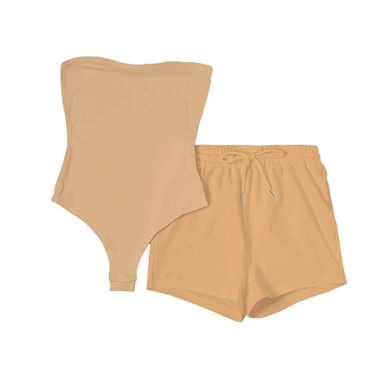 M / Khaki Cotton Shorts Pant Set Women Jogging Sweat Suit Clothing Bodysuit 2 Piece Set Plain Joggers Custom Logo Two Piece Pants Set