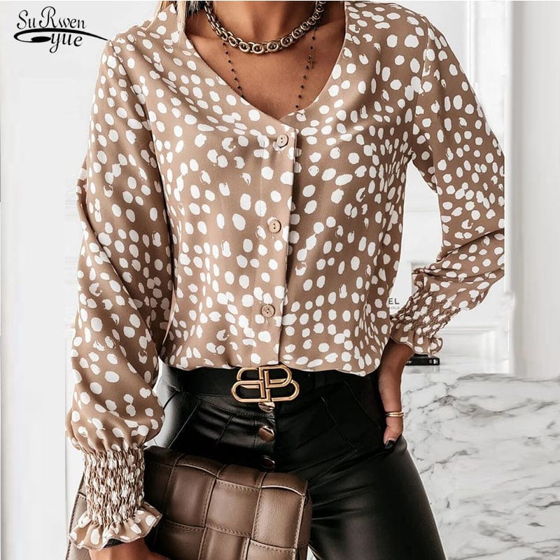 M / Khaki Long Sleeve Custom Shirt All-match Casual Plus Size Cardigan Elegant V-neck Vintage Tops Polka Dot Printed Chiffon Women Blouse