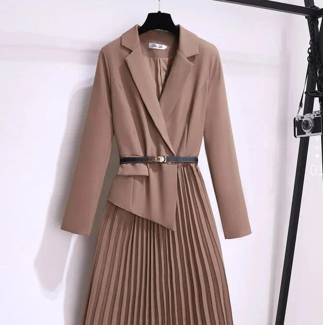 M / Khaki Plus size women's French Age-reducing Casual Slimming Suit Long sleeve dress belt Women's elegant dress